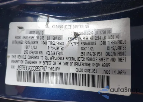 2012 Mazda Cx-9 Touring from USA, damaged, VIN JM3TB3CA3C0352787